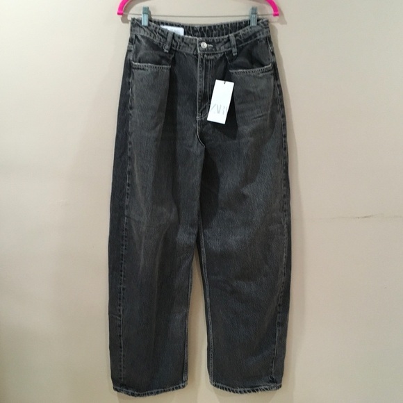 ZARA jeans Women’s 4/W26 TRF Waisted Relaxed Wide Leg Darts Denim Black 8727/210 - Picture 7 of 12